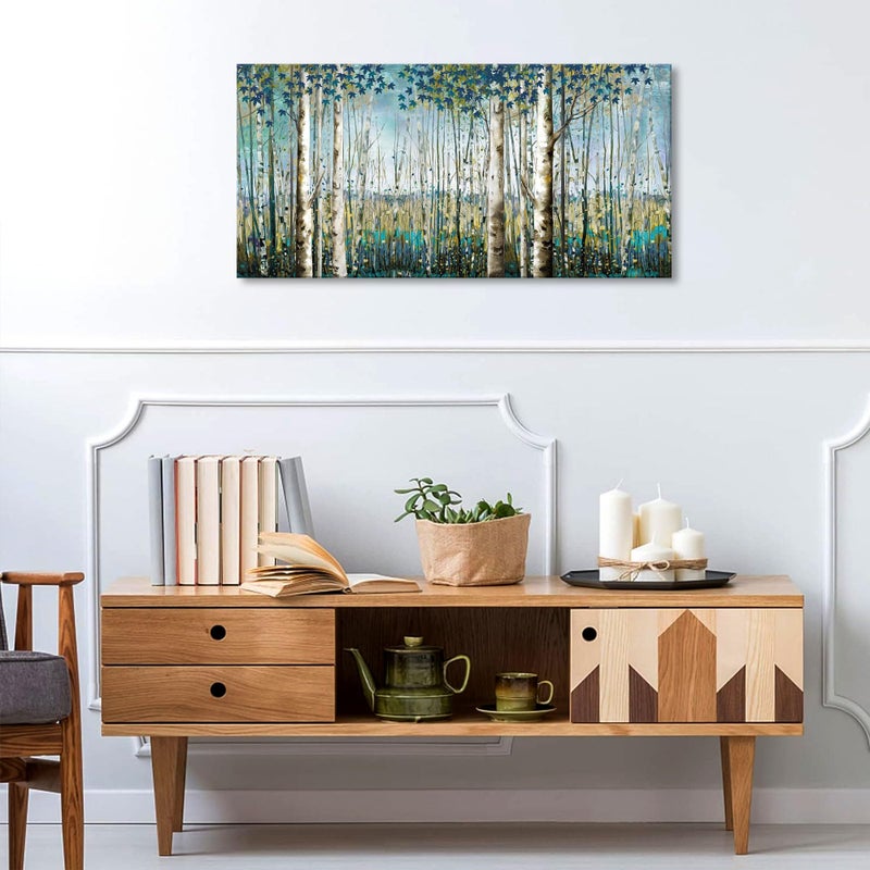 Pogusmavi Forest & Mountain Wall Art Green Birch TreeFramed Nature Landscape Pictures for Living Room, Bedroom & Office Large Paintings Wall Decor Tree and Artwork for Wall Decor - Image 4